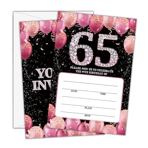 65th Birthday Invitations - Pink Glitter Bday Invites with Envelopes(25-Count) - Balloon Theme Fill-in Invite Cards for Party Supplies Favors Decorations - G05 - style: Pink Balloon 65th