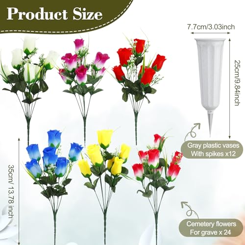 Tigeen 12 Sets Memorial Day Cemetery Flowers Bulk with Grave Vase 24 Bunches Artificial Memorial Flowers for Grave 168 Heads Silk Roses Flower Bouquets for Graveside Tombstone Headstone