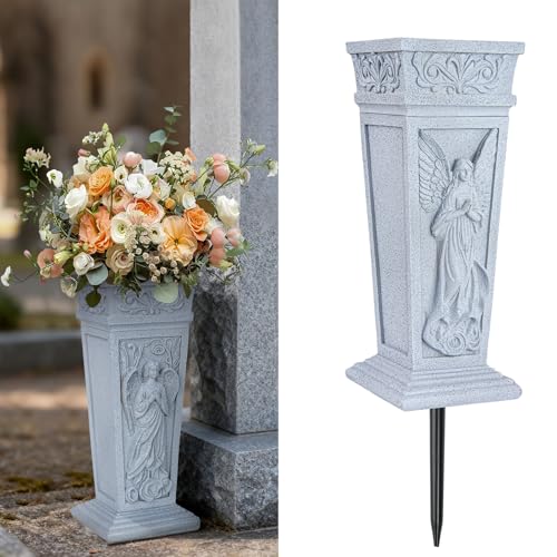 Cemetery Vase for Grave, Resin Grave Flower Holder with Metal Spike for Headstone, Cemetery, Grave, Yard, Garden Decorations
