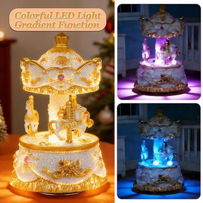 Carousel Music Box,Luxury Color Change LED Light ,Luminous Rotating 3-horse | Luminous Music Box, musical box with Gift Box for Girls Birthday Valentine Gift (You are My Sunshine, Light Gold) - color: Light Gold, style: You are My Sunshine