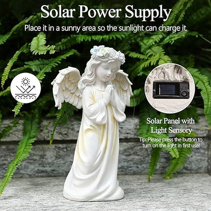 Angel Garden Statue, Memory Guardian Solar Decor with Warm Light | Waterproof Outdoor Garden Decor Praying Angel Figurine Sculpture for Lawn Yard Patio, Sympathy Present, White - style: Praying Angel