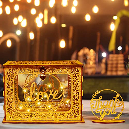 Gold Wedding Card Box, Glitter Wooden Card Box for Wedding Reception - style: Gold glitter