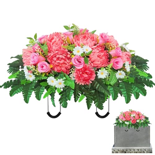 Headstone Flowers – Artificial Cemetery Flowers for Grave, Artificial Pink Roses and Chrysanthemums Mixed - Easy to Install Cemetery Flowers for Grave Saddle - color: Pink
