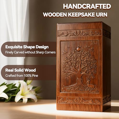 Wooden Urn for Ashes Adult Male Female, Cremation Urns for Human Ashes Adult Men Women, Decorative Burial Funeral Memorial Urn Box Holds 250 Cubic Inches, Tree of Life