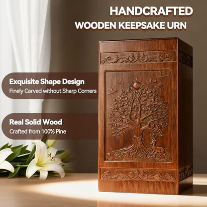 Wooden Urn for Ashes Adult Male Female, Cremation Urns for Human Ashes Adult Men Women, Decorative Burial Funeral Memorial Urn Box Holds 250 Cubic Inches, Tree of Life