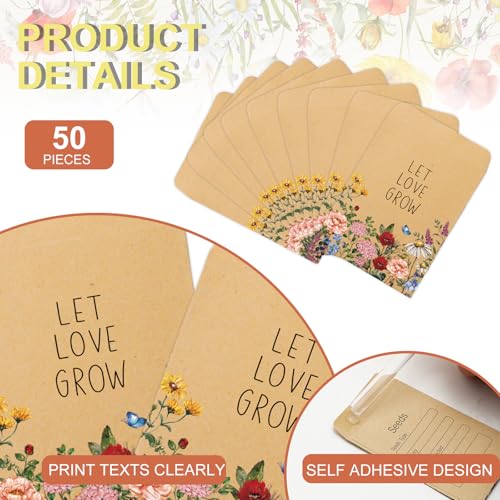 FYSUIMU 50Pcs Wildflower Seed Packets Let Love Grow Self-Adhesive Kraft Envelopes Rustic Floral Seed Storage Pockets for Garden Office Party Favors Supplies, 3.15 x 2.4 Inch