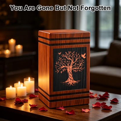Wooden Cremation Urns for Human Ashes Adult Man Woman, Decorative Urns for Ashes Adult Male Female with Satin Bag, Large Burial Funeral Urn Box Holds 300 Cubic Inches (Tree of Life)