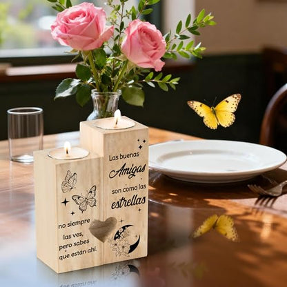 Zainpe Spanish Sister Best Friend Bestie Candle Holders Regalo para Amiga, Wooden Heart Double Sided Printing Candlestick Personalized Friendship Birthday for Mum Women Girl Soul - color: Sister & Butterfly