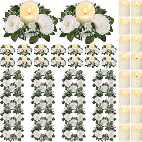 Yunlly 16 Set Rose Candle Rings Wreaths 3 Inch Center with Flameless LED Candles Artificial Rose Light Garland Fake Electric Votive Tealights Bulk Funeral Wedding Table Centerpieces Decor(White) - color: White