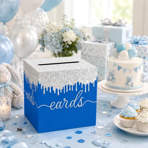 Blue Silver Card Box with Slot for Graduation, Wedding and Birthday Party - color: Blue Silver02