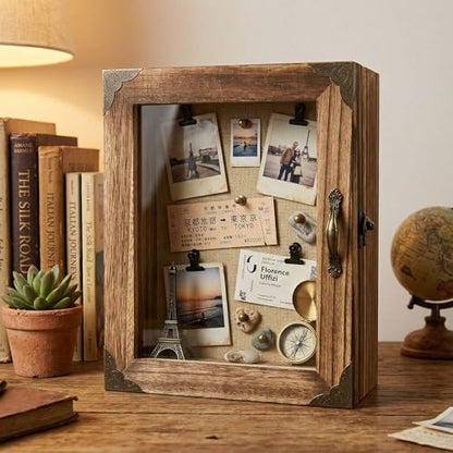 5.1" Extra Deep Shadow Box Frame 8x10, | Display Case, Rustic Wood Memory Box with Vintage Lock and Handle for wedding Flowers and Keepsakes, Carbonized Brown