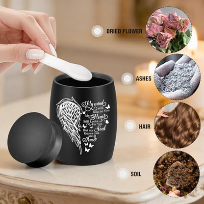 Abooxiu Small Urns for Human Ashes 2.76 Inches Mini Urn Aluminium Small Keepsake Urns with Angel Wings, Memorial Cremation Urn with 3D Printed Wing Frame, Sympathy Remembrance Urn for Loved One, Black