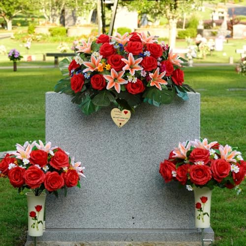 3 Pack Grave Saddle Flowers Bouquets for Headstone Gravesite Memorial Decor | Cemetery Tombstone Gravestone Flowers for Christmas,Veterans Graveside,Tribute for Loved Ones,Never Blown Away