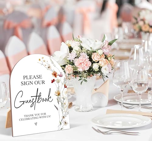 Wildflower Please Sign Our Guestbook Sign, Wedding Ceremony Signs, 6 x 8 Inch Arch Wooden Tabletop Sign with Stand, Wedding Reception Decoration Supplies (AG02) - color: Please Sign Our Guestbook