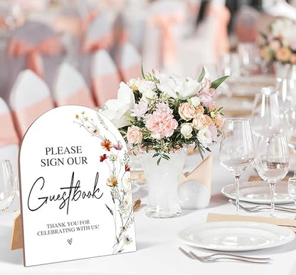 Wildflower Please Sign Our Guestbook Sign, Wedding Ceremony Signs, 6 x 8 Inch Arch Wooden Tabletop Sign with Stand, Wedding Reception Decoration Supplies (AG02) - color: Please Sign Our Guestbook