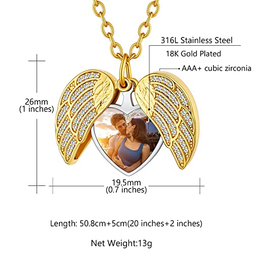 Custom4U Personalized Heart Locket Necklace with Pictures,Sunflower/Angel Wings/Heart Shaped Lockets Custom Photo,Gold/Rose Gold/White Lockets That Holds Picture,Customized Memorial Jewelry for Women - color: B-Angel Wings-Gold(Locket + Photo + Engraving)