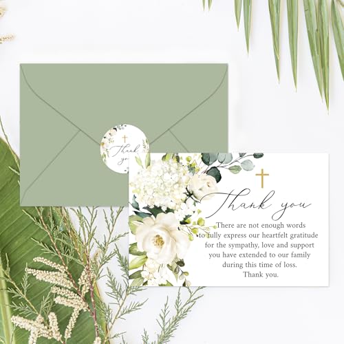 Whaline 48Pcs Funeral Thank You Cards Floral Sympathy Thank You Card with Stickers Envelopes White Flower Bereavement Card for Memorial Service Loved Ones Celebration of Life