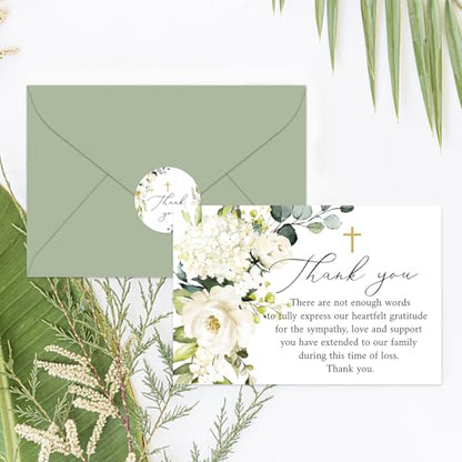 Whaline 48Pcs Funeral Thank You Cards Floral Sympathy Thank You Card with Stickers Envelopes White Flower Bereavement Card for Memorial Service Loved Ones Celebration of Life