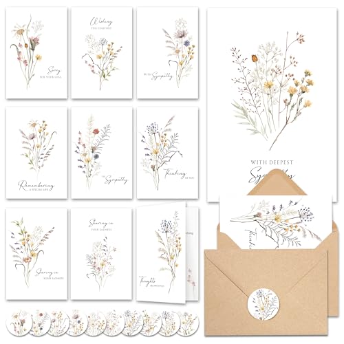 20 Pcs Sympathy Cards with Envelopes and Thoughtful Messages (4"x6") - Wildflowers Watercolor Condolences Cards - Bereavement Cards Set with Envelopes and Matching Stickers - Sympathy Cards Bulk | Thoughtful Messages, Wildflowers Watercolor Condolences &
