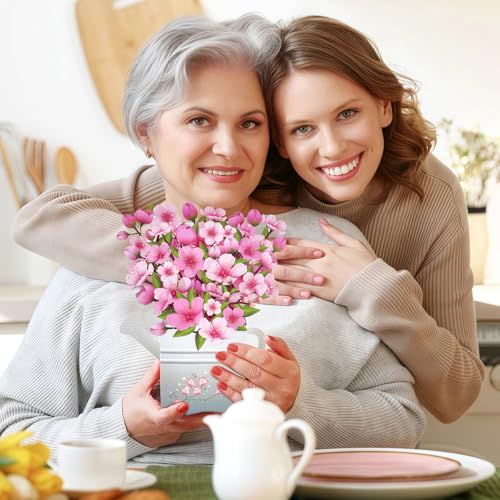 Pop Up Flowers Bouquet Birthday Card for Women | Romantic Gifts for Women, 3D Box Greeting Card with Cherry Blossom Bouquet in Watering Can for Anniversary, Valentine's Day - color: Cherry Blossom Watering Can