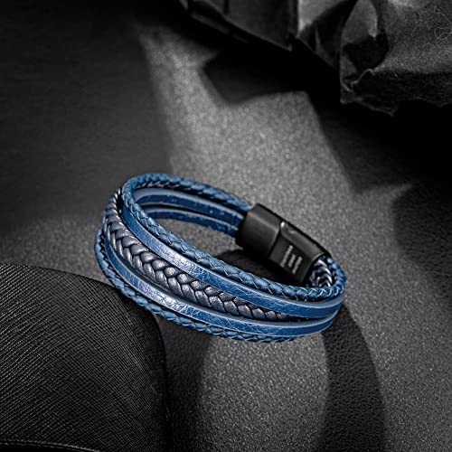 Mens Leather Bracelet with Clasp Cowhide Multi-Layer Braided Leather Mens Bracelet - style: Blue Rope&Black Clasp 8.7