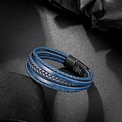Mens Leather Bracelet with Clasp Cowhide Multi-Layer Braided Leather Mens Bracelet - style: Blue Rope&Black Clasp 8.7