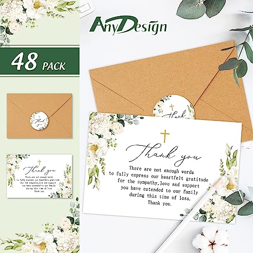 AnyDesign 48 Pack Funeral Thank You Cards Sympathy Thank You Cards with Stickers Envelopes Flower Cross Bereavement Card with Message for Memorial Service Loved Ones Celebration of Life