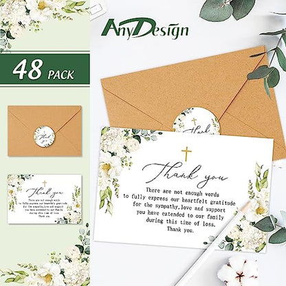 AnyDesign 48 Pack Funeral Thank You Cards Sympathy Thank You Cards with Stickers Envelopes Flower Cross Bereavement Card with Message for Memorial Service Loved Ones Celebration of Life