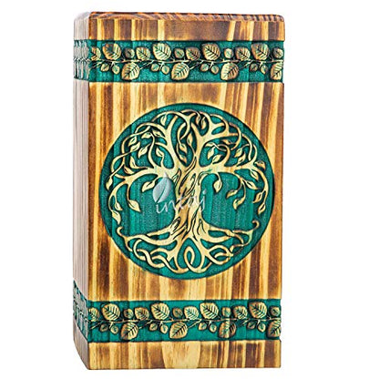 Wooden Cremation Urn for Human Ashes, 115 Cu in, Medium, Teal & Gold | Hand-carved wood, teal over gold, screw-locked sliding base, engraving available, holds up to 115 lb - color: Teal & Gold, size: Small - 8Hx4.75W (115 Cu/In)