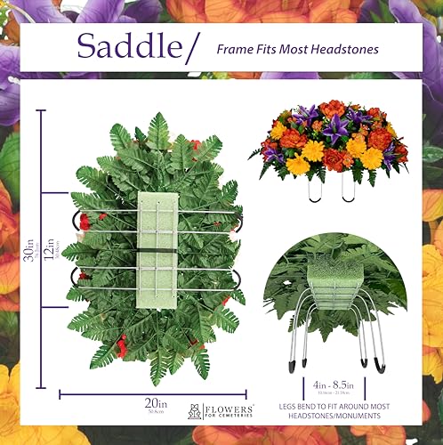30" Headstone Flower Saddle Artificial Cemetery Flowers - Gravesite Flowers - Orange Peonies, Purple Lilies, and Yellow Daisies - size: Saddle