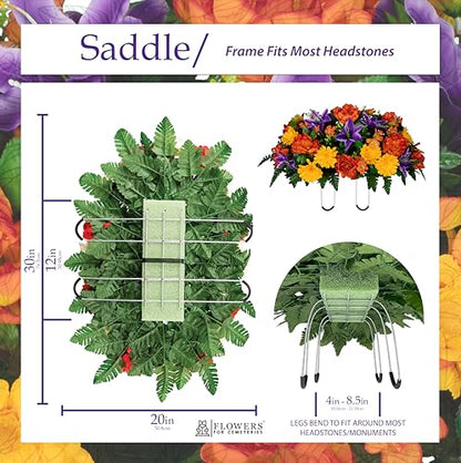 30" Headstone Flower Saddle Artificial Cemetery Flowers - Gravesite Flowers - Orange Peonies, Purple Lilies, and Yellow Daisies - size: Saddle