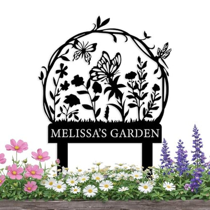 Personalized Garden Sign with Flower Design Custom Stake Butterfly Customized Gardening Gift Farmhouse Decor for Outside Gardening Decorative Gifts Gardeners Backyard Art Yard Outdoor Lawn Patio Path Black Large Camping Housewarming Mom Grandmother - colo