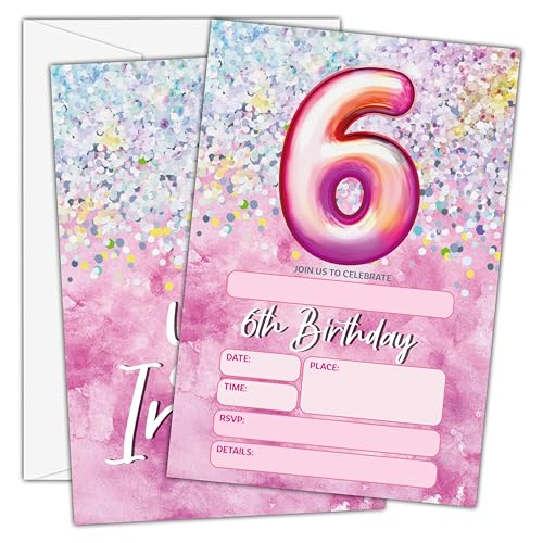 Birthday Invitations - Pink 6th Birthday Invites with Envelopes(25-Count) - Rainbow Foil Fill-in Party Invite Cards for Girls Kids Party Supplies Favors Decorations - A20 - style: Pink 6th