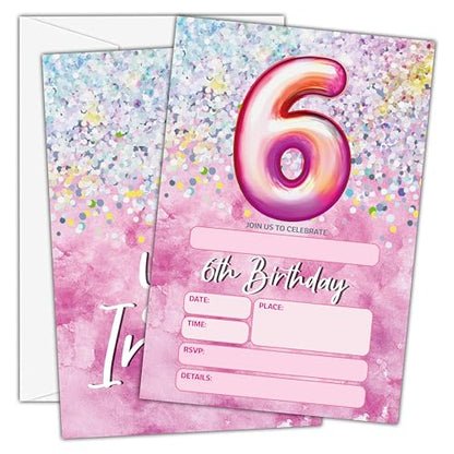 Birthday Invitations - Pink 6th Birthday Invites with Envelopes(25-Count) - Rainbow Foil Fill-in Party Invite Cards for Girls Kids Party Supplies Favors Decorations - A20 - style: Pink 6th