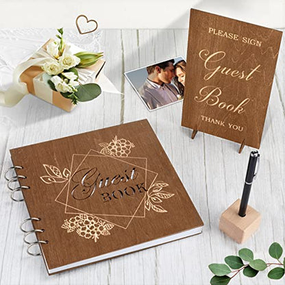 Creawoo Wooden Wedding Guest Book Reception Sign in Photo Album with Table Sign, Pen & Holder, Hardcover Memory Registry Guestbook with 90 White Pages for Baby Shower, Birthday, Bridal Shower, Wedding - size: 8.5"