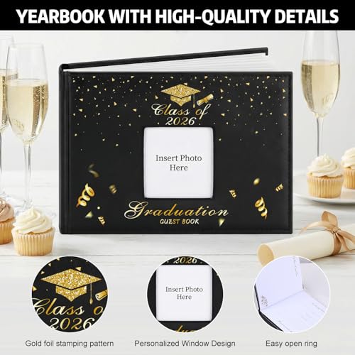 8 pcs Graduation Guest Book Photo Sign Decorations in Book 80 Pages | with Pen Stickers Washi Tape Wooden Stand Signature Scrapbook for College Gifts