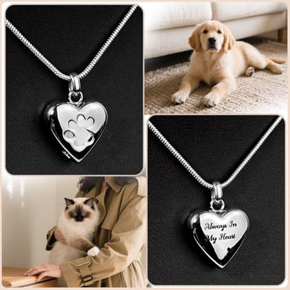 Paw Print Heart Pet Ashes Urn Necklace, Keepsake Pendant-Silver - style: Silver