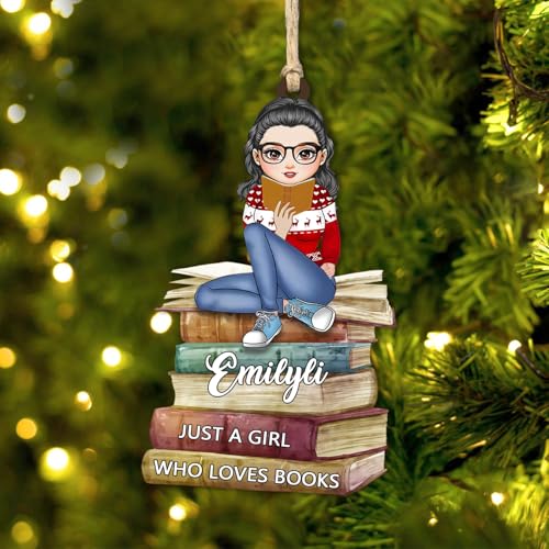 Just A Girl Who Loves Books Ornaments Custom Name Portrait Heart Library Bookshelf Club Christmas Tree Hanging Ornaments Personalized Book Lovers Worm Gift for Women Girl - color: Style A3