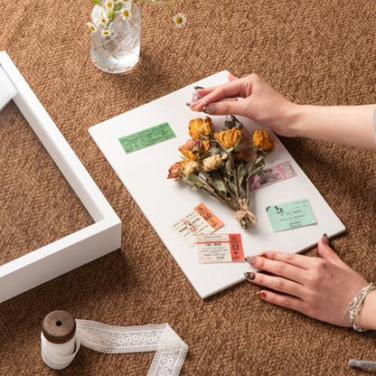 8x10Shadow Box Frame with Ultra-Clear Glass & Soft Linen Back | With Push Pins and Stand, Deep 1.2" White Shadow Box Display Case – Display on Tabletop or Wall for Photo, Flower, Keepsakes - color: White+high Definition Panel + Shatter-proof Packaging, si