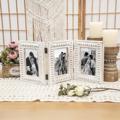 MODE HOME Whitewashed Folding 3 Picture Frame 4x6, Wooden Triple 4 x 6 Picture Frame for Tabletop Display, Farmhouse Picture Frames with Hinged Design, Family Photo Frame 4x6 - color: White, size: 3 Folding 4x6
