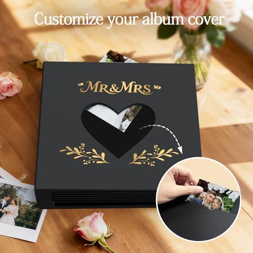 Wedding Photo Album 4x6 400 Pockets, Black Leather Memory Book Gift - color: Black Leather with Black Pages