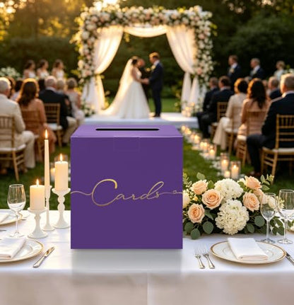 HEIPINIUYE Purple Wedding Card Box with Gold Foil 9.8" x 9.8" Purple Large Gift Card Box for Party Wedding Reception Graduation Birthday Baby Shower Cardboard Raffle Envelope Box with Slot - color: Purple Card Box with Gold Foil