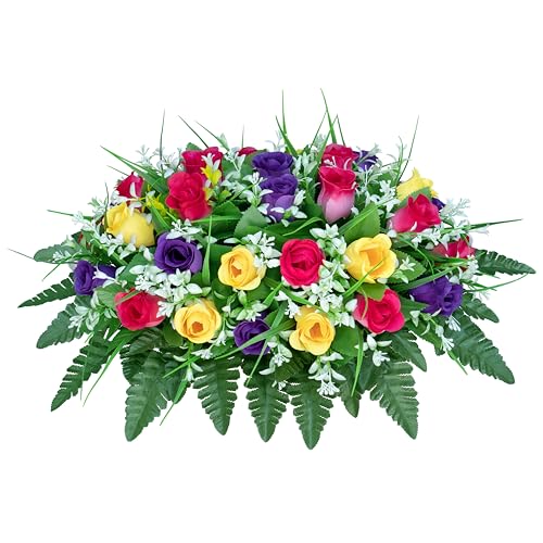 LVXINLI Artificial Cemetery Flowers Saddle-Shaped Tombstone Decorations Non-Fading UV-Resistant（Yellow+Purple+Brilliant Red Saddle） - color: Yellow+purple+brilliant Red Saddle