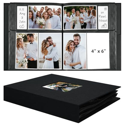 Vienrose Fabric Cover Photo Album 4x6 with Front Window, 300 Picture Pockets and 100 Message Card Slots for Wedding Baby Family, Black - color: Black, size: 300 Pockets