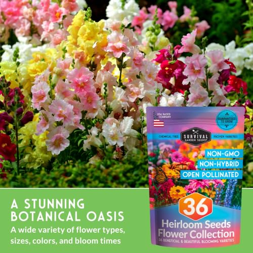 Flower Garden Seeds 36 Variety Kit - Heirloom Starter Pack | 36 Packs of Annual & Perennial Flowers for Planting – Wildflowers for Pollinators, Bees, Butterflies - Survival Garden Seeds