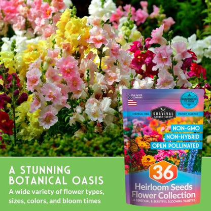 Flower Garden Seeds 36 Variety Kit - Heirloom Starter Pack | 36 Packs of Annual & Perennial Flowers for Planting – Wildflowers for Pollinators, Bees, Butterflies - Survival Garden Seeds