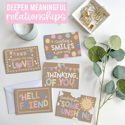 Hadley Designs Thinking of You Cards with Envelopes - 24 Hello Greeting Cards Thinking of You Card for Men & Women Bulk, Blank Encouragement Card for Kids, Just Because Cheerful Encouraging Notecards - style: Kraft Colorful