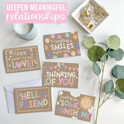 Hadley Designs Thinking of You Cards with Envelopes - 24 Hello Greeting Cards Thinking of You Card for Men & Women Bulk, Blank Encouragement Card for Kids, Just Because Cheerful Encouraging Notecards - style: Kraft Colorful
