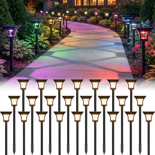CINOTON RGBCW Solar Pathway Lights Outdoor, 3 Lighting Modes, 24 Pack | IP65 Waterproof, RGB, Warm White And Cool White, Auto On/Off, Solar Powered, Easy Installation for Garden, Walkway & Driveway - size: 24 Pack