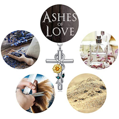 Cross Urn Necklace for Ashes 925 Sterling Silver Cremation Jewelry with Funnel Filler Kit Ashes Necklace for Human Women Girl Pets - color: B_Sunflower Urn Necklace, style: Non-personalized